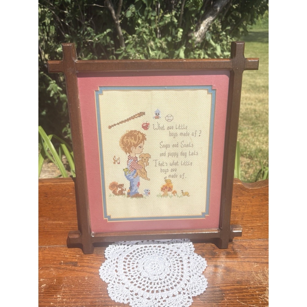 Vtg  70s Little Boys Framed Black Forest Rustic Cross Stitch Picture Cottagecore - Picture 3 of 7
